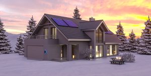 Snow covered house with solar lights