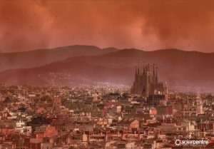 Barcelona city with red sky from wildfire