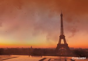 Paris city with red sky from wildfire