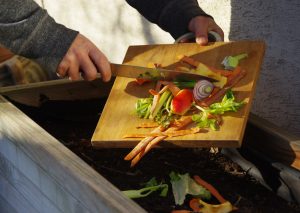 Food waste scraped off chopping board into bin